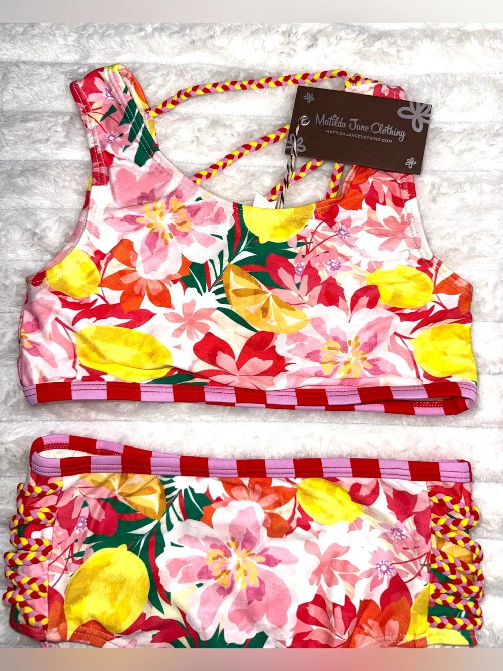 Matilda Jane Luau Two Piece Swimsuit in a Bright Floral/Lemon Print, sz 6, NWT